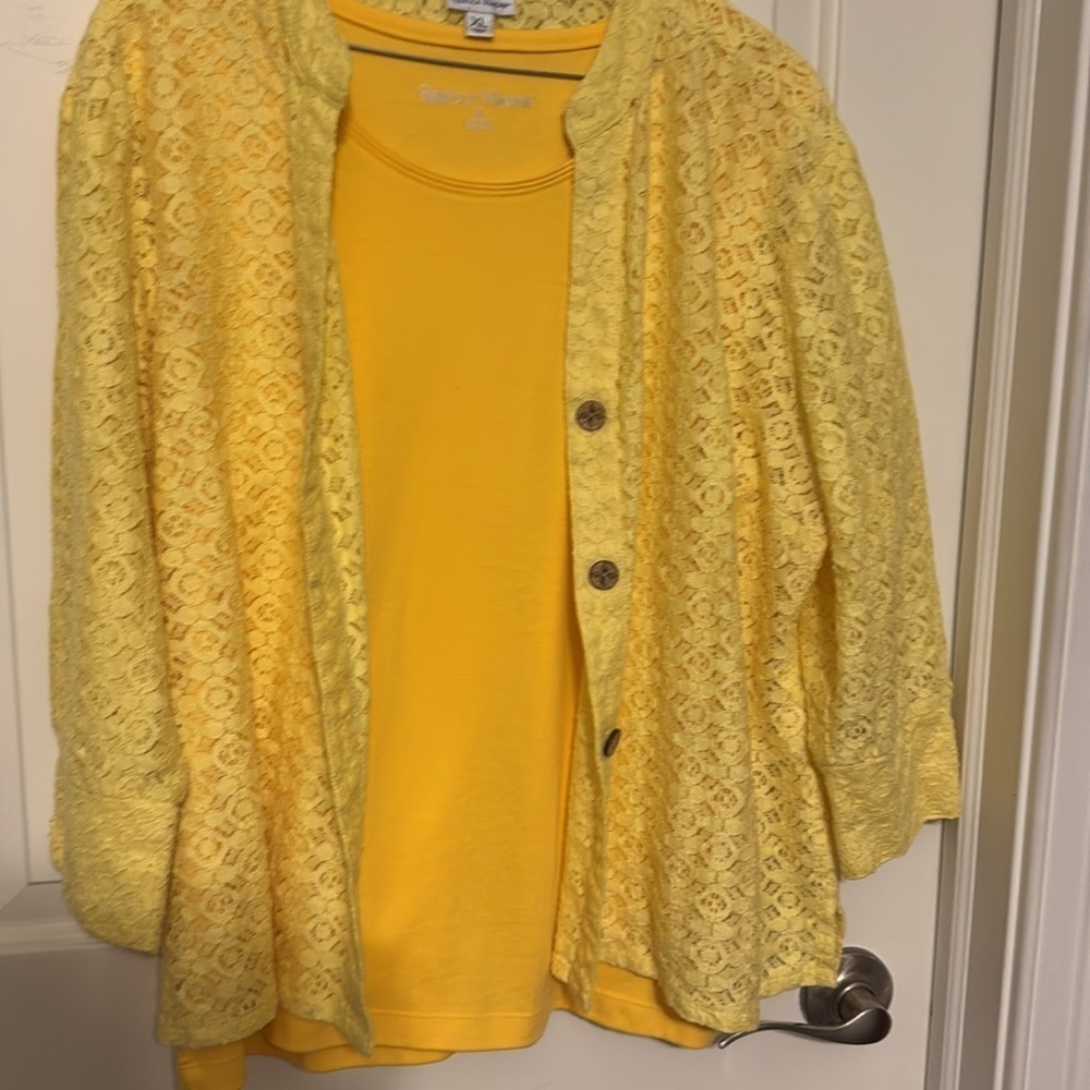 Rebecca Malone Lace Cut Out Cardigan with Matching Yellow Tank Both Sz XL - Picture 6 of 6